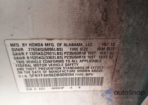 2013 Honda Pilot Touring z USA, uszkodzony, nr VIN 5FNYF4H96DB009594